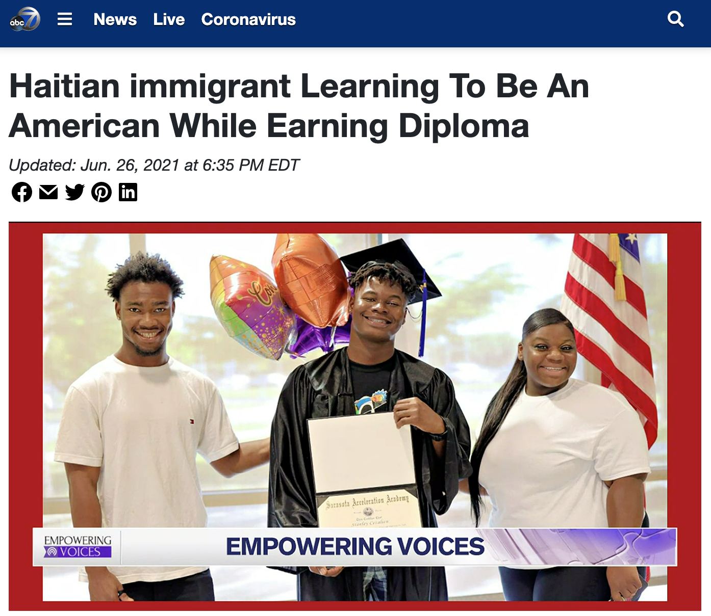 Sarasota Grad and Haitian Immigrant Tells TV interviewer: ‘Thanks for Acceleration Academy and everything they did for me’ Hero Image